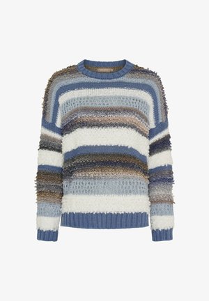 Strikket trøje med striber i blå, hvid og brune nuancer; har varierende teksturer, rund halsudskæring og løs pasform med ribbede manchetter og kant.