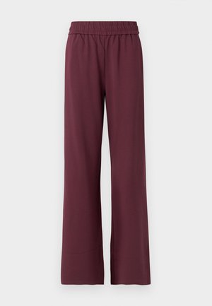 Pantalons larges bordeaux avec une taille élastique, fabriqués en tissu doux, avec une texture lisse et une coupe décontractée.