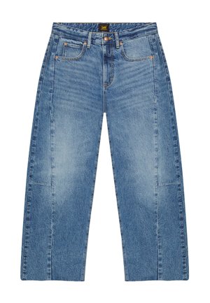 Μπλε τζιν ψηλόμεσο ίσιο παντελόνι με μπροστινές τσέπες, θηλιές για ζώνη και κλείσιμο με κουμπί, με ετικέτα της μάρκας Lee στη μέση.