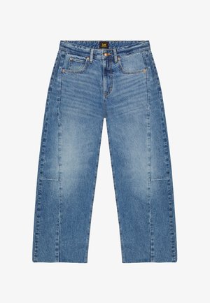 Μπλε τζιν ψηλόμεσο ίσιο παντελόνι με μπροστινές τσέπες, θηλιές για ζώνη και κλείσιμο με κουμπί, με ετικέτα της μάρκας Lee στη μέση.