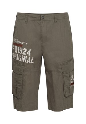 Şorturi cargo de culoare khaki, din bumbac, cu două buzunare laterale și grafice imprimate în alb și burgund pe față și pe coapsă.