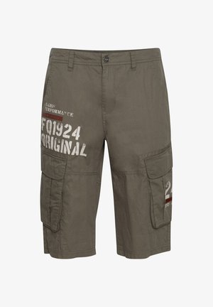 Kaki színű vászon cargo rövidnadrág, pamutból készült, két oldalsó zsebbel és fehér-burgundi nyomtatott grafikával az elején és a combon.