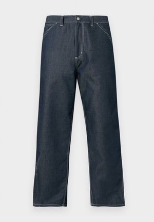 Pantaloni in denim scuro con design a gamba dritta, cuciture a contrasto e tasche frontali. Presentano una chiusura con bottone e una vestibilità classica.
