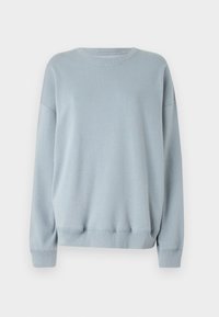 Ljusblå crewneck sweatshirt med långa ärmar, ribbad mudd vid ärmar och midja; mjukt tyg med en slät textur; inga synliga mönster eller detaljer.