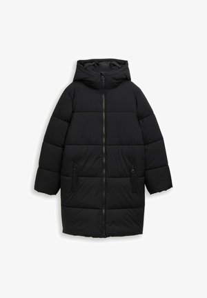 Doudoune noire avec capuche, fermeture éclair à l'avant et deux poches latérales zippées. Présente un design matelassé et des manches larges et courtes. Texture lisse.