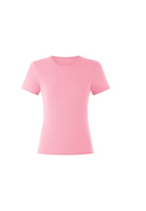T-shirt rose à manches courtes en tissu lisse, avec un col rond et une silhouette ajustée. Pas de motifs ni d'ornements.