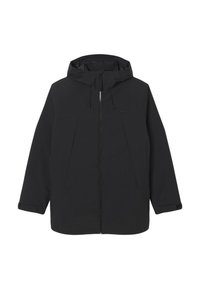 Giacca nera con cappuccio realizzata in tessuto liscio, con zip frontale completa, due ampie tasche frontali e coulisse regolabile per il cappuccio.