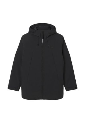 Giacca nera con cappuccio realizzata in tessuto liscio, con zip frontale completa, due ampie tasche frontali e coulisse regolabile per il cappuccio.