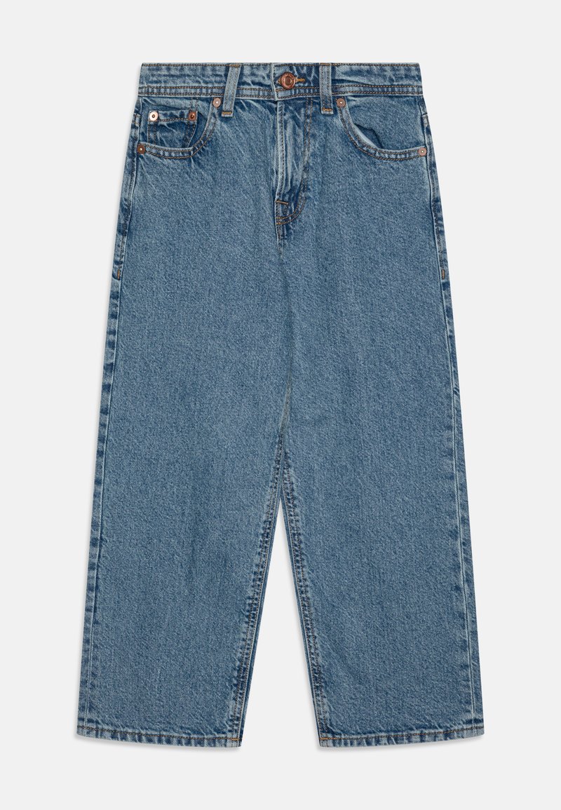 Light blue denim jeans with a relaxed, wide-leg design. Features two front pockets, contrasting stitching, and a button closure.