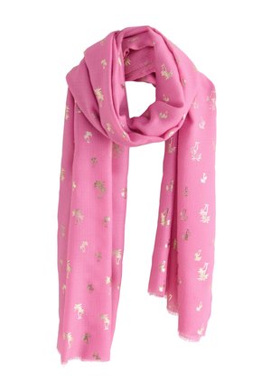 Pink scarf with small metallic gold palm tree patterns, loosely folded with frayed edges on a white background.
