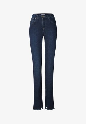 Mørkeblå denimjeans med høj talje, lige ben og slidser ved kanten. Har kontrastsyninger og lukning med knapper.