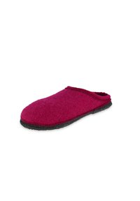 Filzpantoffel in leuchtendem Magenta mit abgerundeter Spitze und schwarzem Gummisohle; zeichnet sich durch eine weiche Textur und ein leicht an- und auszuziehenes Design aus.