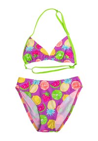 Dwuczęściowy komplet bikini z fioletowym kolorem bazowym i kolorowymi wzorami owoców, zielonymi ramiączkami oraz fakturowanym materiałem. Zawiera trójkątny stanik i krótki dół.