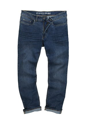 Jeans in denim blu scuro con un taglio a gamba dritta, stile tradizionale a cinque tasche, chiusura con bottone e orli arrotolati. Tessuto liscio con un leggero sbiadimento.