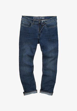 Jeans in denim blu scuro con un taglio a gamba dritta, stile tradizionale a cinque tasche, chiusura con bottone e orli arrotolati. Tessuto liscio con un leggero sbiadimento.