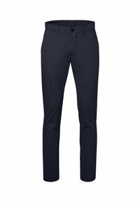 Marineblauwe broek van zachte, lichtgewicht stof; slim-fit ontwerp; voorzien van voorzakken en een enkele knoopsluiting.