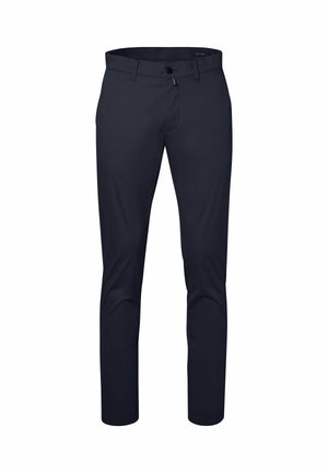 Marineblaue Hosen aus weichem, leichtem Stoff; Slim-Fit-Design; mit Vordertaschen und einem einzelnen Knopfverschluss.