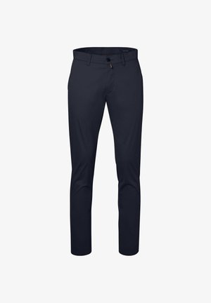 Marineblaue Hosen aus weichem, leichtem Stoff; Slim-Fit-Design; mit Vordertaschen und einem einzelnen Knopfverschluss.