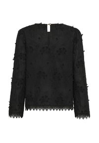 Sort broderet bluse med lange ærmer, blomster mønstre, scallop nederkant, nøglehul detalje på ryggen og tekstureret stof.