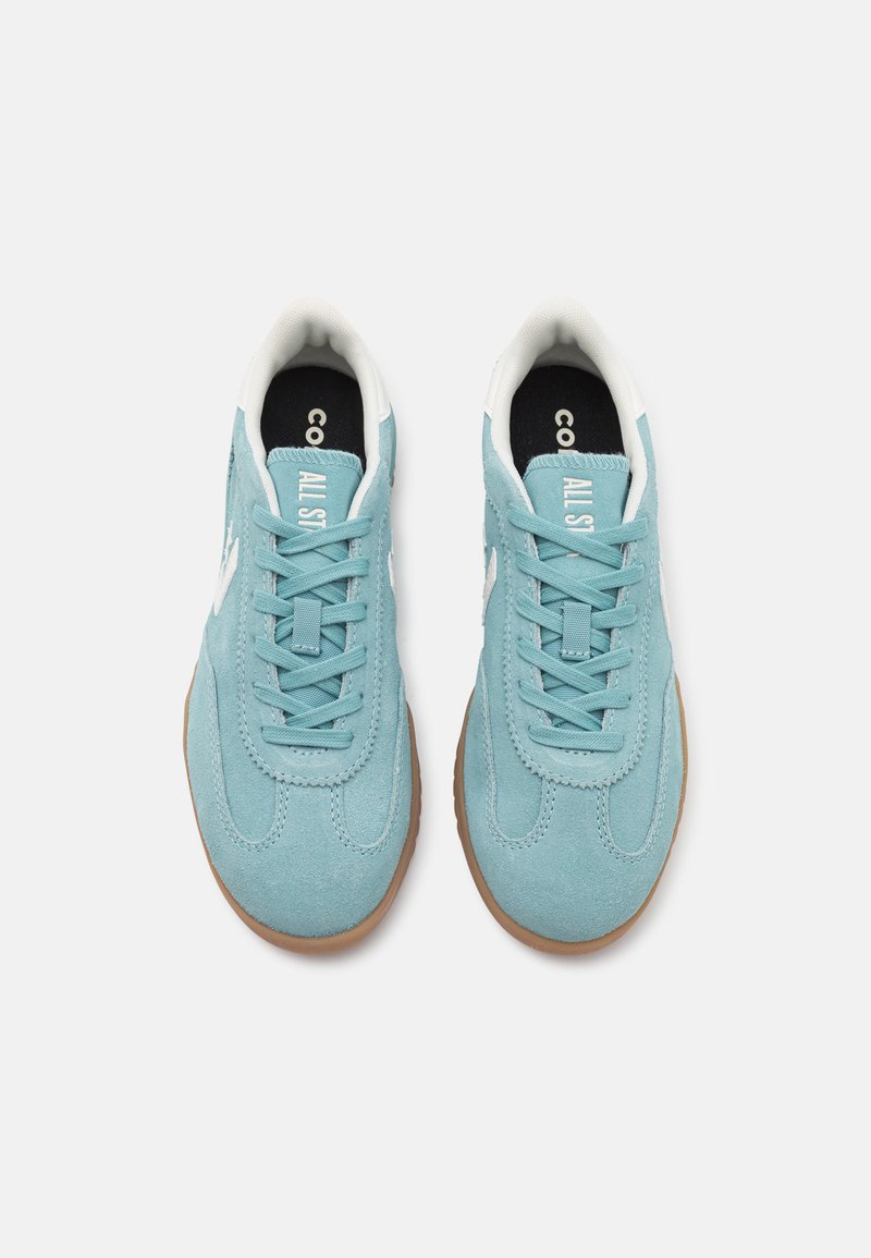 Baskets en daim bleu clair avec des accents blancs, bout arrondi, lacets plats et semelle en caoutchouc. Présente la marque "CONVERSE ALL STAR" sur la languette.