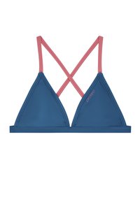 Mėlynas trikampis bikini viršus su rožinėmis petnešomis, turintis paprastą dizainą ir lygų paviršių. Šone yra logotipas.