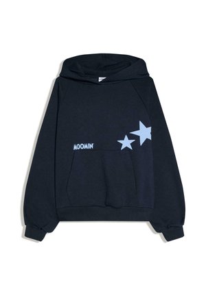 Sweat à capuche noir avec des étoiles bleu clair et le mot "MOOMIN" imprimé au-dessus de la poche avant, manches longues et poignets côtelés.