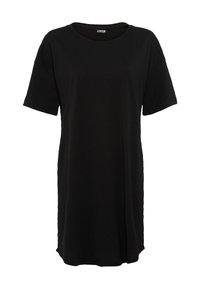 Zwart katoenen T-shirt jurk met korte mouwen, ronde halslijn en een ontspannen pasvorm. Heeft een rechte zoom en subtiele zijsplitten voor gemakkelijk bewegen.