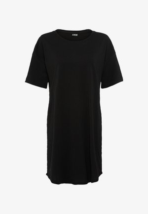 Vestido T-shirt preto em algodão com mangas curtas, decote redondo e um corte descontraído. Apresenta uma barra reta e fendas laterais subtis para facilitar o movimento.