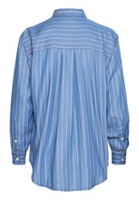 Camicia in denim azzurro chiaro con strisce verticali bianche, maniche lunghe, polsini con bottone e schiena plissettata. Design del colletto classico.