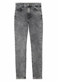 Szare dżinsy o wygładzonej fakturze, slim fit, pięciokieszeniowy design oraz kontrastowe przeszycia wzdłuż szwów.