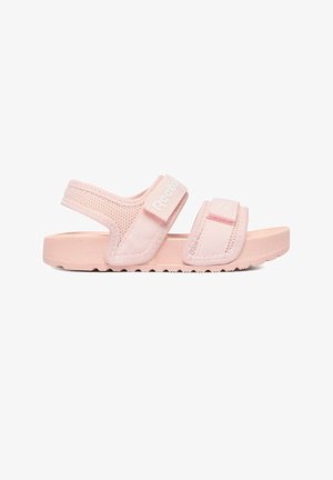 Pink verstellbare Sandale mit offener Zehenpartie, zwei Klettverschlüssen und gepolsterter Sohle, mit Mesh-Gewebe und Reebok-Logo am oberen Riemen.