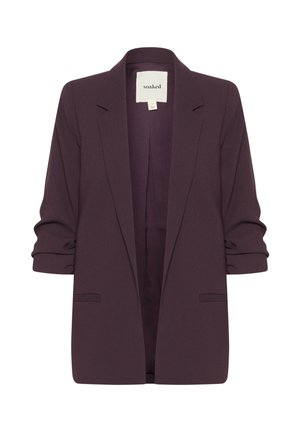 Lilla blazer med en afslappet pasform, enkeltknaplukning, klippede revers og opsmøgede ærmer; lavet af et blødt, glat stof.
