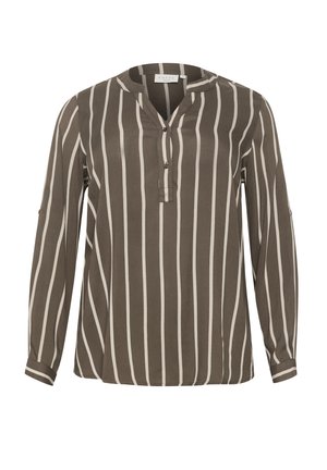 Blouse à manches longues en vert olive avec des rayures verticales crème, dotée d'un décolleté en V, de détails de boutons et d'une coupe décontractée.