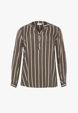 Langarm blouse in olijfgroen met verticale crèmekleurige strepen, voorzien van een V-hals, knoopdetail en een ontspannen pasvorm.