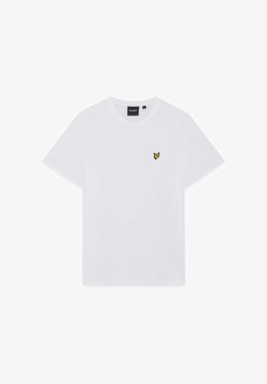 Bílé tričko s krátkým rukávem a kulatým výstřihem, s malým žlutým a černým logem ptáka na levé straně hrudi, položeno na bílém pozadí.