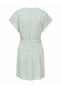 Lysegrøn kortærmet kjole med hvidt bladmønster, indsnøret talje og længde over knæet, vist bagfra.
