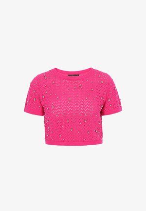 Rosa geschnitte Strickjacke mit strukturiertem Muster, verziert mit kleinen silbernen Perlen, mit rundem Halsausschnitt und kurzen Ärmeln.