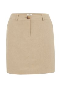 Beige len mini szoknya elöl gombos záródással, övhurkokkal és oldalsó zsebekkel; sima textúrával és szabott fazonnal.