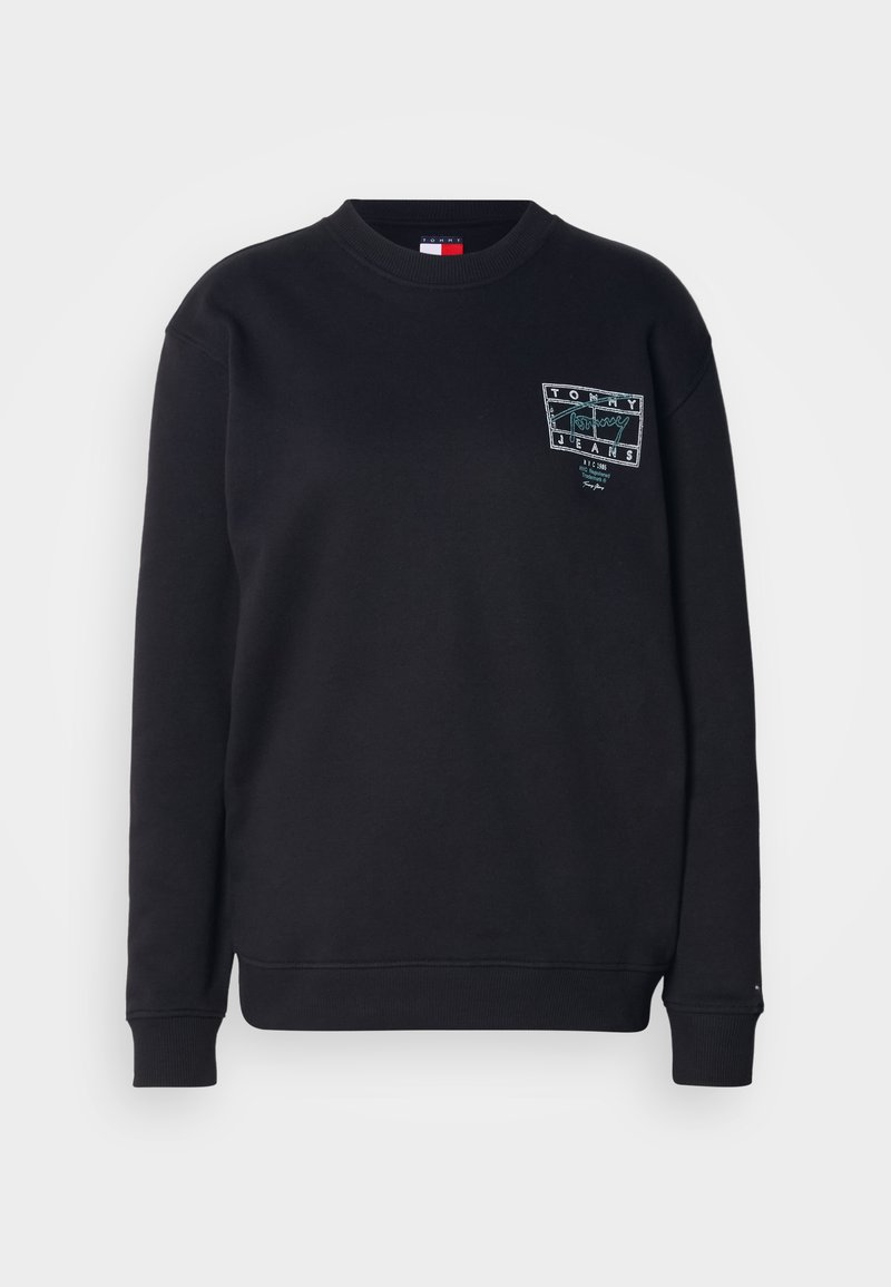 Black sweatshirt made of cotton, featuring a crew neck and ribbed cuffs. It has a logo patch on the left chest in contrasting colors.