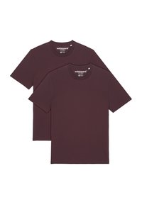 Deux t-shirts à manches courtes, col rond, de couleur bordeaux foncé. Fabriqués en coton, ils présentent une texture lisse et un design minimaliste.
