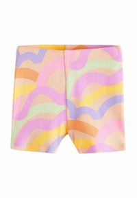 Ribbad shorts med ett färgglatt vågmönster i pastellfärger av rosa, gult, lavendel och apelsin, med en elastisk midja.