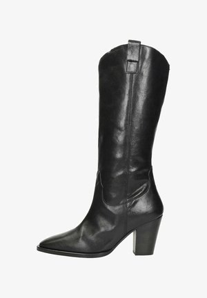 Black leather knee-high boot with a pointed toe and block heel. Smooth texture with a curved top and side stitching detail.
