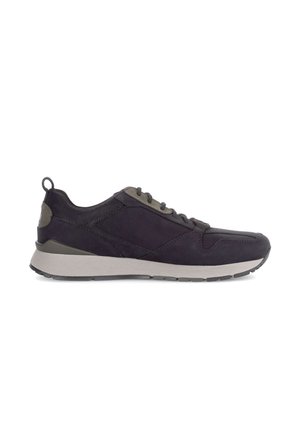 Dark navy suede athletic shoe with gray accents, lace-up design, textured panels, and a lightweight, cushioned sole.