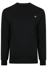 Sweat-shirt noir à manches longues, col rond, ourlet côtelé et poignets côtelés. Présente un petit logo diamant sur la poitrine. Texture de tissu lisse.