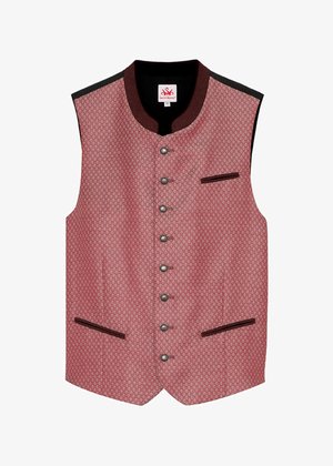 Rot gemusterte Weste mit Stehkragen, schwarzen Akzenten und sechs silbernen Knöpfen. Sie verfügt über zwei seitliche Taschen mit dunkler Einfassung.