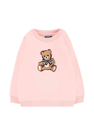 Felpa rosa con illustrazione di un orsetto e papillon bianco e nero. Tessuto morbido, polsini e scollatura a coste, design casual.