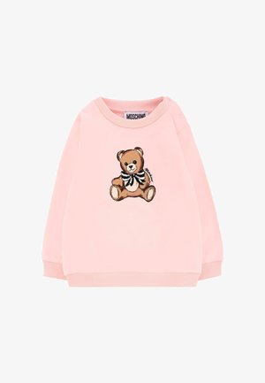 Felpa rosa con illustrazione di un orsetto e papillon bianco e nero. Tessuto morbido, polsini e scollatura a coste, design casual.