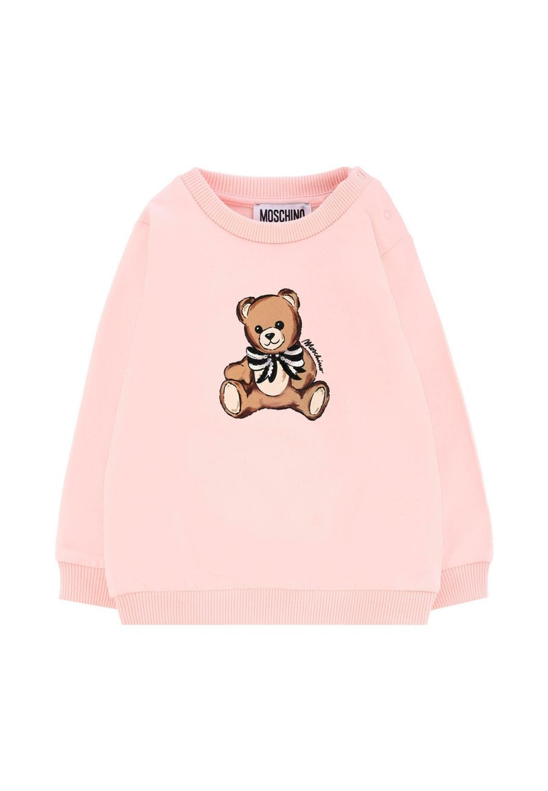 Felpa rosa con illustrazione di un orsetto e papillon bianco e nero. Tessuto morbido, polsini e scollatura a coste, design casual.