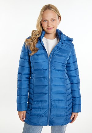Giacca blu imbottita con cappuccio, caratterizzata da una chiusura a zip frontale, texture a coste e una vestibilità leggermente affusolata.