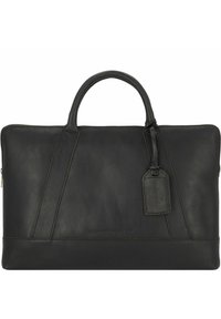 Bolsa de ordenador portátil de piel negra con cierre de cremallera, dos asas en la parte superior, una etiqueta desmontable y detalles de costura en diagonal para añadir textura.